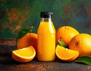 Close Up Of Orange Juice Bottle Surrounded By Fresh Oranges And Green Leaves On Dark Surface