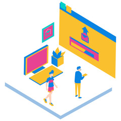 49Sendingemail. Isometric office scene with people and computer isolated on white background.