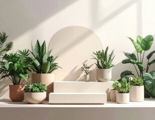 Variety Of Green Potted Plants Arranged On A White Surface Under Natural Sunlight Against A Beige Backdrop