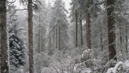 Naklejka premium A snowy forest scene with tall evergreen trees and a misty atmosphere, winter landscape