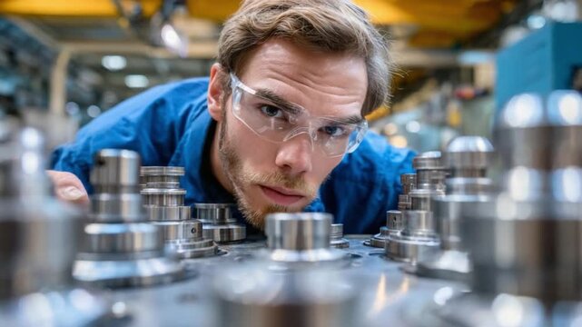 Precision Inspection: An attentive engineer, donning safety glasses, meticulously examines intricate metal components, embodying the dedication and precision integral to industrial manufacturing.