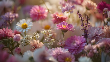 Soft focus floral background with pink and white flowers in sunlight