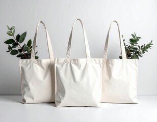 Three Beige Canvas Tote Bags with Greenery on White Background