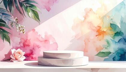 Watercolor Background with Flower and Podium for Product Placement in Abstract Scene