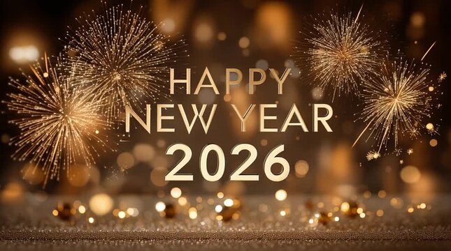 Happy new year 2026 written in elegant golden letters with fireworks, sparkling lights and festive bokeh background, luxurious celebration of joy and hope