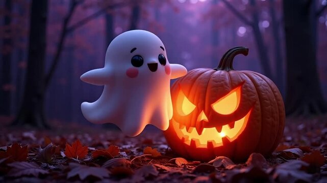 Cute friendly ghost and glowing jack-o-lantern in a magical autumn forest at dusk