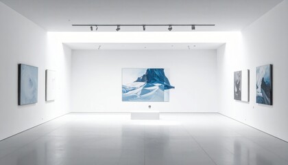 Modern Art Gallery Interior with White Walls and Abstract Artwork Displayed Under Lighting