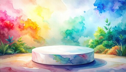 Watercolor Rendering Of White Podium Surrounded By Colorful Hues And Verdant Foliage