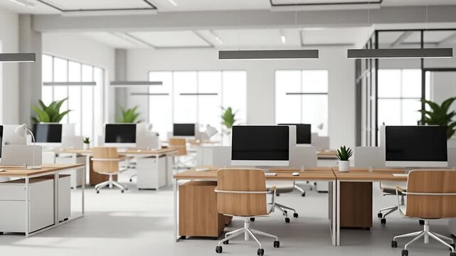 This pristine and contemporary open-plan office space embodies the essence of modern work environments, featuring sleek wooden desks paired with ergonomic chairs and multiple computer workstations arr