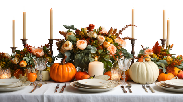 Autumn harvest table setting isolated on white background