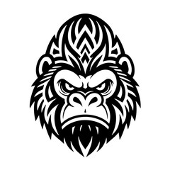 The image is a bold, black and white tribal-style vector logo of an angry gorilla's face, featuring intricate symmetrical patterns across its forehead and fur.