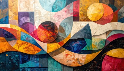 Abstract Geometric Composition With Circular Elements Against Textured Background And Blend Of Colors