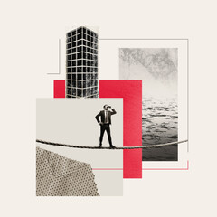 Creative collage with a businessman stands with binoculars сand balances on a tightrope between geometric shapes, symbolizing balance, risk and decision making in modern business.