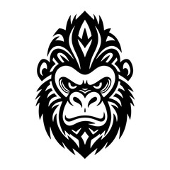 The image is a bold, black and white tribal-style vector logo of an angry gorilla's face, featuring intricate symmetrical patterns across its forehead and fur.