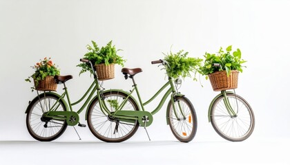 Three Vintage Green Bicycles With Wicker Baskets Full Of Greenery Against White Backdrop