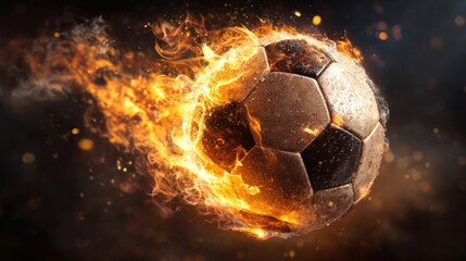 Naklejka premium Fiery soccer ball dynamic digital art illustrating energy and sport