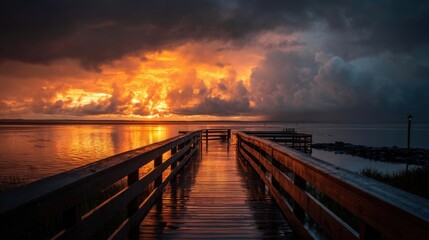 Obraz premium A wooden pier stretches into calm water under a dramatic sky with storm clouds and bright orange hues at sunset or sunri
