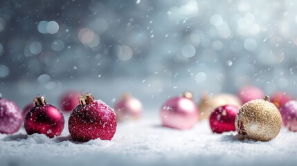 Fototapeta premium A bunch of Christmas ornaments are on the snow