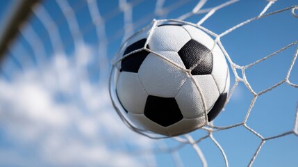 A soccer ball stuck in the goal net with black pentagons and white hexagons, set against a blue sky with light clouds,