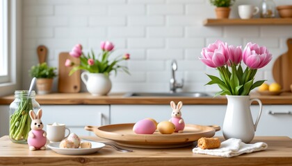 A domestic kitchen counter adorned with various items and a dining table. On the left side of the counter, there is a vase filled with pink tulips and a small bowl of fresh carrots