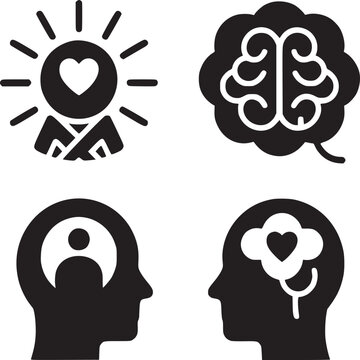 Four black and white icons depicting love, brain, self awareness, and emotional intelligence