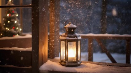 Cozy christmas lantern illuminating a snowy porch with a christmas tree. - Powered by Adobe
