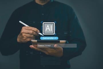 Modern concept of AI generation technology showing a person using a digital tablet with artificial intelligence interface. Ideal for innovation, tech development, and future technology themes.
