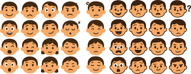 Fototapeta premium Collection of 20 unique cartoon expressions, each face showing different emotions like happy, sad, surprised, angry, confused, excited, worried, mischievous, sleepy, curious, scared, laughing, blushin
