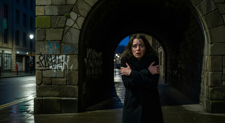 A frightened woman walks into an arch on a dark city street