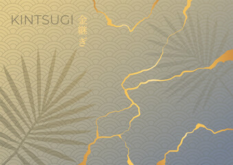 Gold Kintsugi cracks on Asian wave pattern background decorated with plant silhouettes. Luxury elegant background. Vector illustration