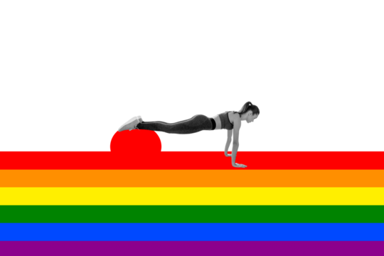 Creative collage picture young fit sportswoman push up rainbow colorful symbol lgbt parade community support drawing background