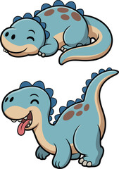 Cute cartoon dinosaur smiling and sleeping, adorable prehistoric animal character illustration for kids, funny blue dino artwork with background elements