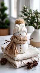 A joyful snowman stands in a peaceful winter forest, dressed warmly with a hat and scarf, surrounded by fresh snow and pine trees