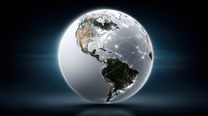 Dense web of illuminated connections spread across the globe, highlighting global networks and modern technology during nighttime.