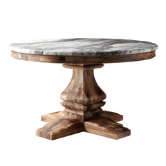 Round dining table with a light gray marble top and a rustic wood base
