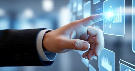 Businessman interacting with digital interface in modern office setting (1) - Powered by Adobe