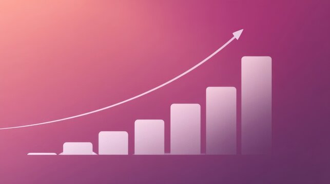 An upward trending bar graph on a gradient purple background shows five increasing bars with a curved arrow emphasizing 