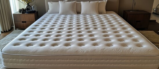 King-size mattress in bedroom.  Soft, comfortable look. Interior shot. Stock photo
