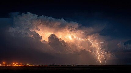 Storm clouds flashing with fierce lightning concept. Dramatic lightning strikes illuminate a dark stormy sky.