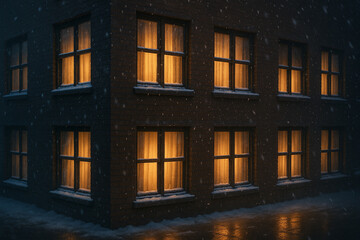 Winter Scene Warm Glow Emanating From Apartment Windows on a Snowy Night
