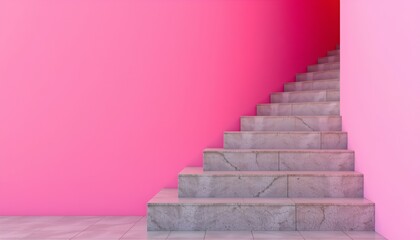 Obraz premium A modern staircase with large, white steps in an indoor setting, positioned against a vibrant pink wall that contrasts with the gray stone floor.