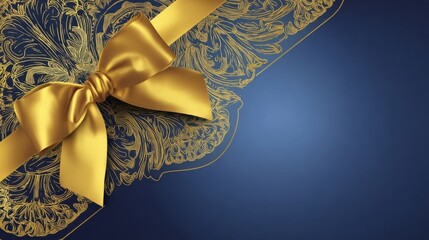 An ornate gift card design featuring a large golden bow with intricate gold floral patterns on a deep blue backdrop,