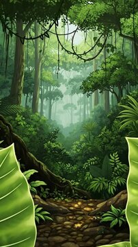 This vibrant, animated illustration captures the essence of a dense, exotic jungle or rainforest. Towering trees reach towards a soft, glowing light, while an intricate network of tangled vines and lu