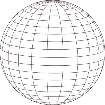 Wireframe globe with latitude and longitude lines on a white background