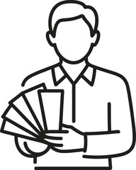 Man holding fan of paper or cards in simple line art style