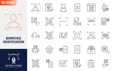 Biometric Identification line Editable Icons set. Containing icons. biometric, barcode, passport, and more. Vector illustration