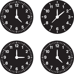 Four black and white clock faces showing different times on a white background in a square format