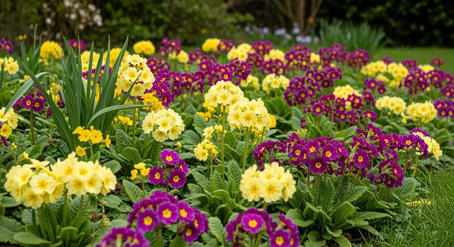 Vibrant Bed of Yellow and Purple Primroses Blooming in a Lush Garden on a Sunny Day