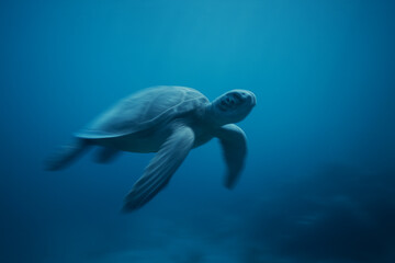 A majestic sea turtle glides through the deep blue ocean, showcasing its natural habitat and serene underwater world
