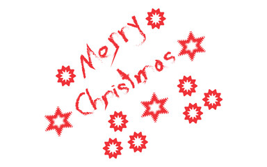 Festive merry christmas text with red starburst snowflakes scattered around isolated on white background